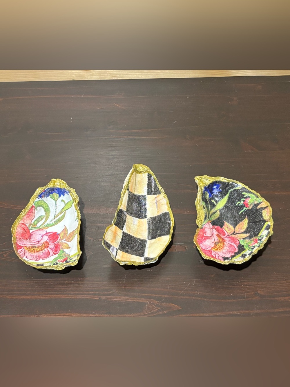 Handmade decoupage catch all shells in Mackenzie Childs patterns